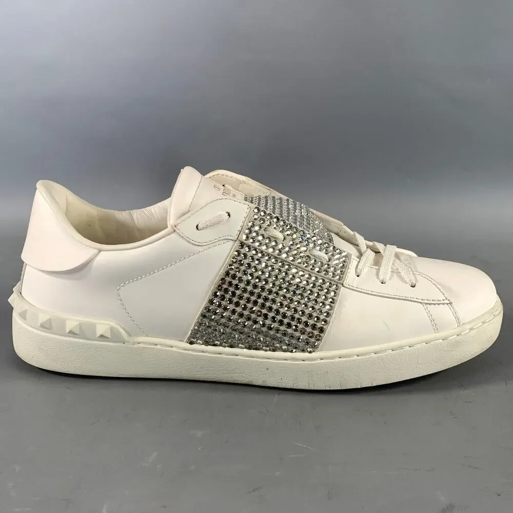 VALENTINO GARAVANI Size 11 White Rhinestone Leather Low Top Sneakers